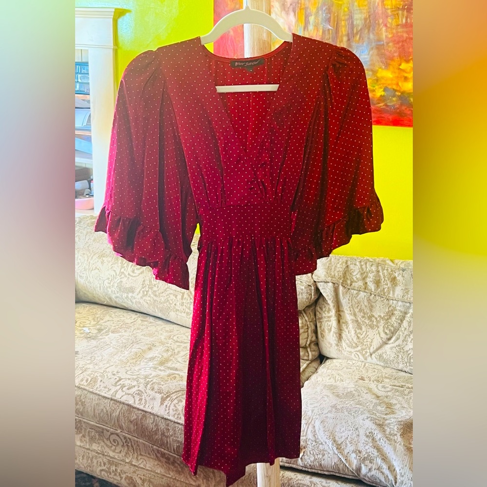 Betsey Johnson Burgundy Party Dress with Ruffle Sleeves